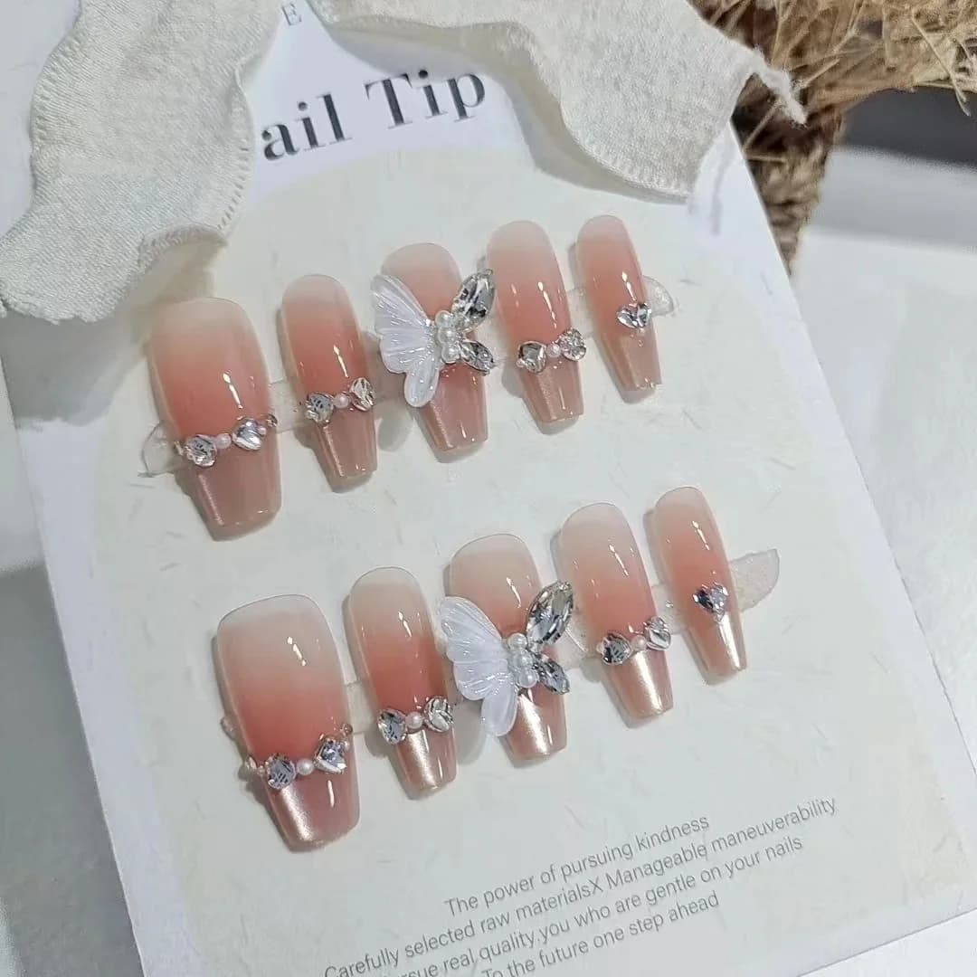 Unghii false cu efect ochi de pisică, design aripi de înger și fluture, 30 bucăți
