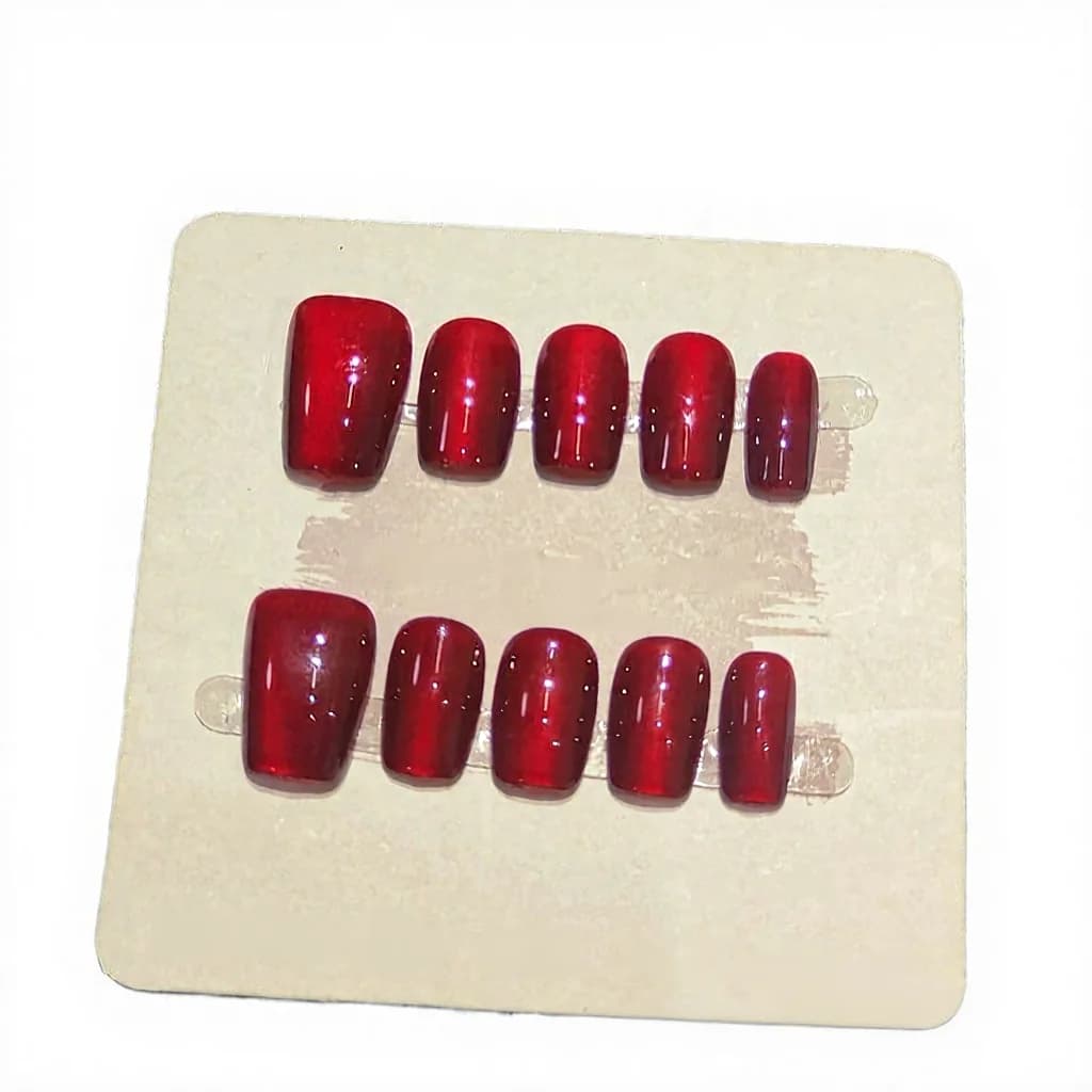 Set manichiură unghii false scurte pătrate, roșii, tip Cat Eye cu glitter