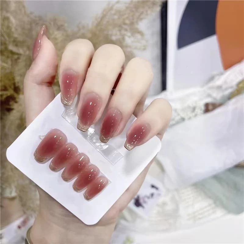 Unghii false lungi, formă coșciug, Sunset Blush cu finisaj crom Moonlight