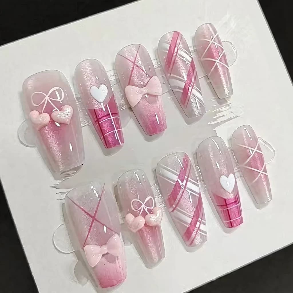 Unghii false roz pastel cu fundițe și inimioare, 30 de piese
