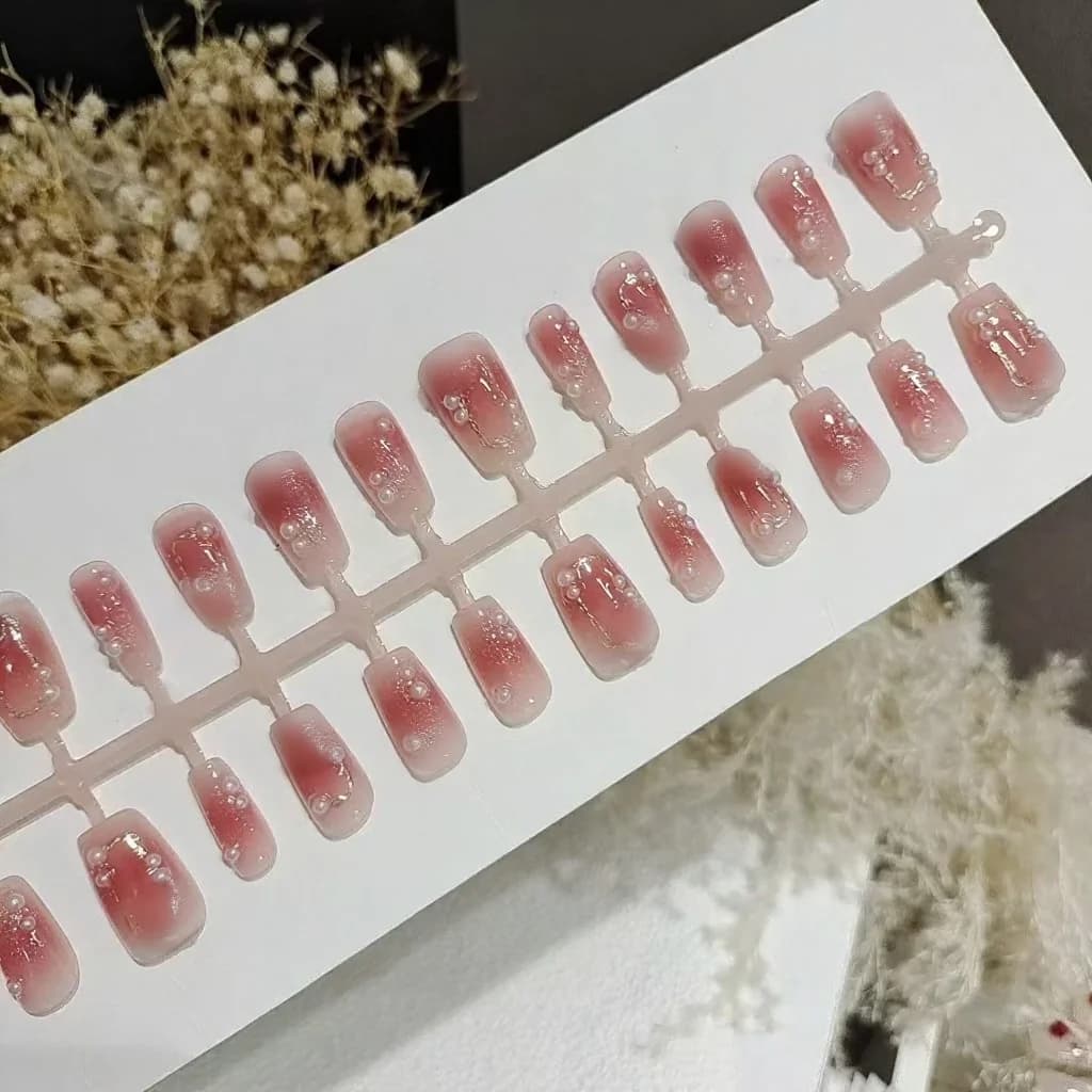 Unghii false scurte, formă coffins, design prune-rozatic cu flori și fluturi, 30 bucăți