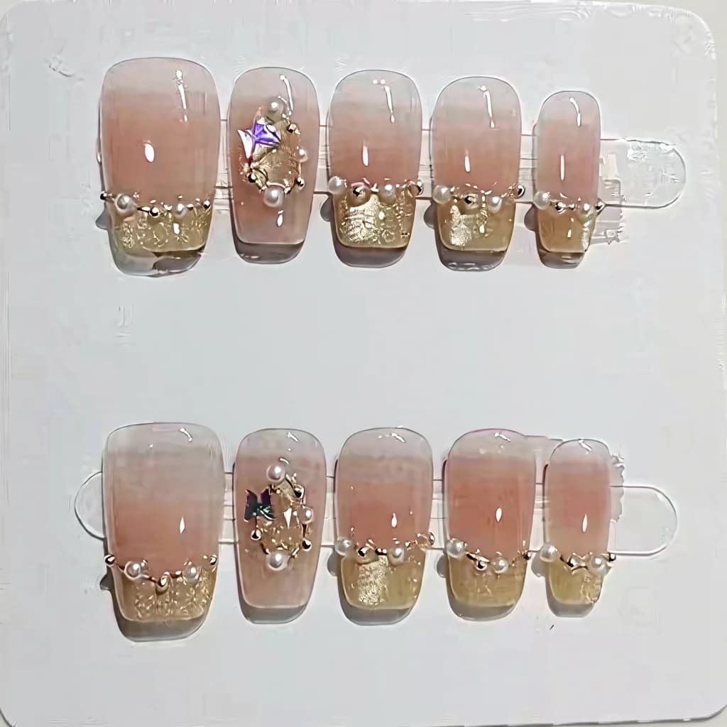 Unghii false French Tip cu fluturi, stil roz pal, 10 piese
