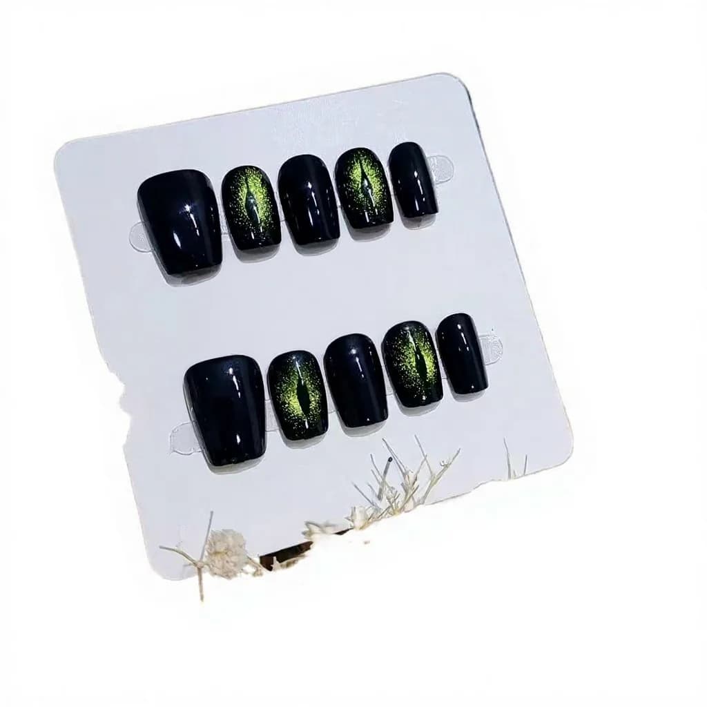 Unghii false scurte, formă coșciug, design gotic negru cu fluturi, 10 bucăți