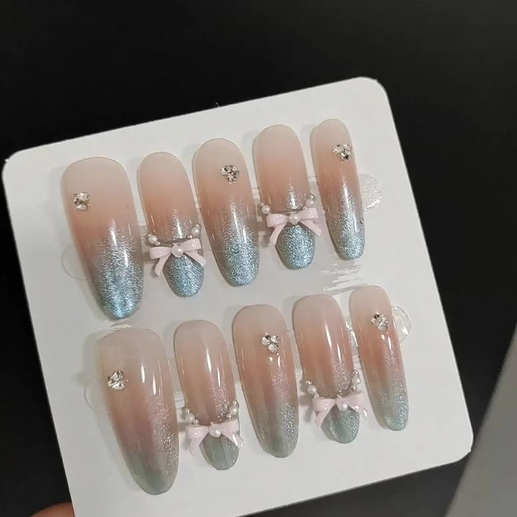 Unghii false leopard sare de mare, efect ochi de pisică, fundiță, lungi tip stiletto