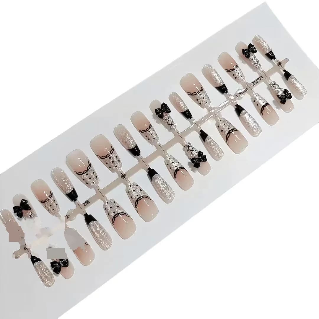 Unghii False French Tip cu Dantelă, Fundiță și Buline, 30 Bucăți