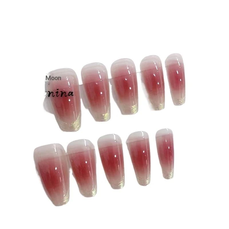 Unghii false lungi, tip cofin, blush apus de soare, cu finisaj cromat moonlight