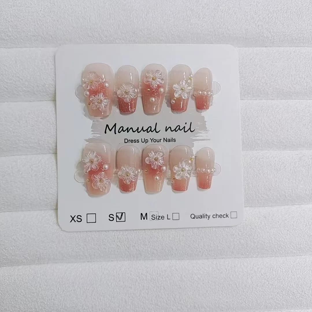 Unghii false florale, formă scurtă Coffin, design drăguț Blush, 10 piese